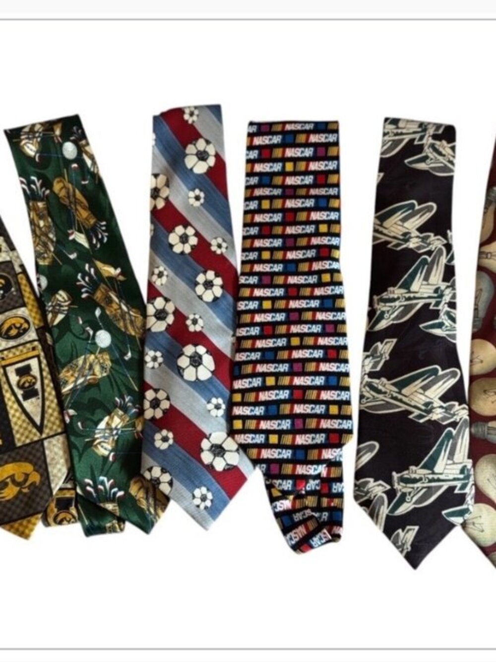Vintage Lot Of 6 Novelty Neckties NASCAR Soccer Golf Lightbulbs Airplane